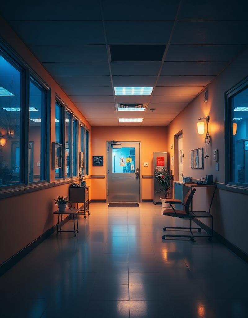 A peaceful veterinary clinic lobby at night with soft ambient lighting